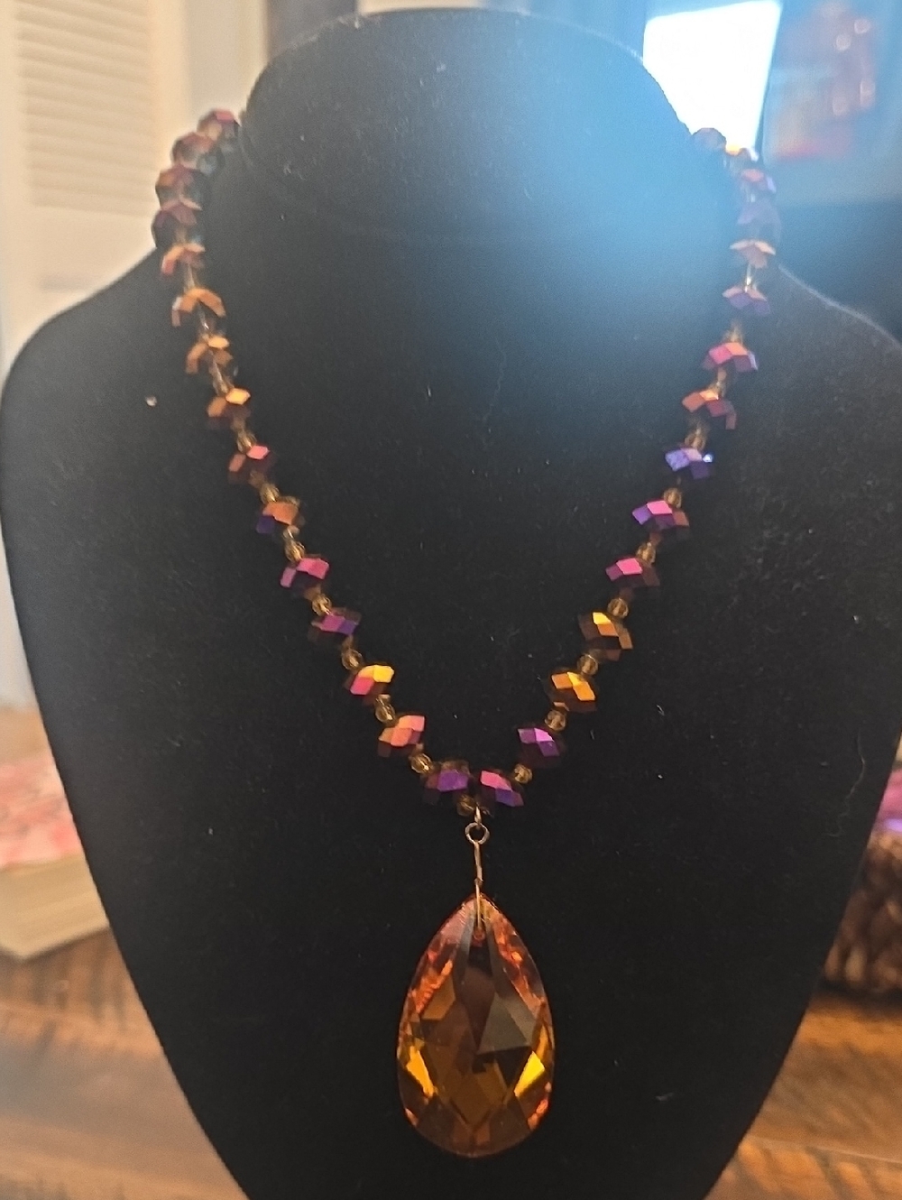 Teardrop Glass Pendant Necklace - Purple & Amber Beads